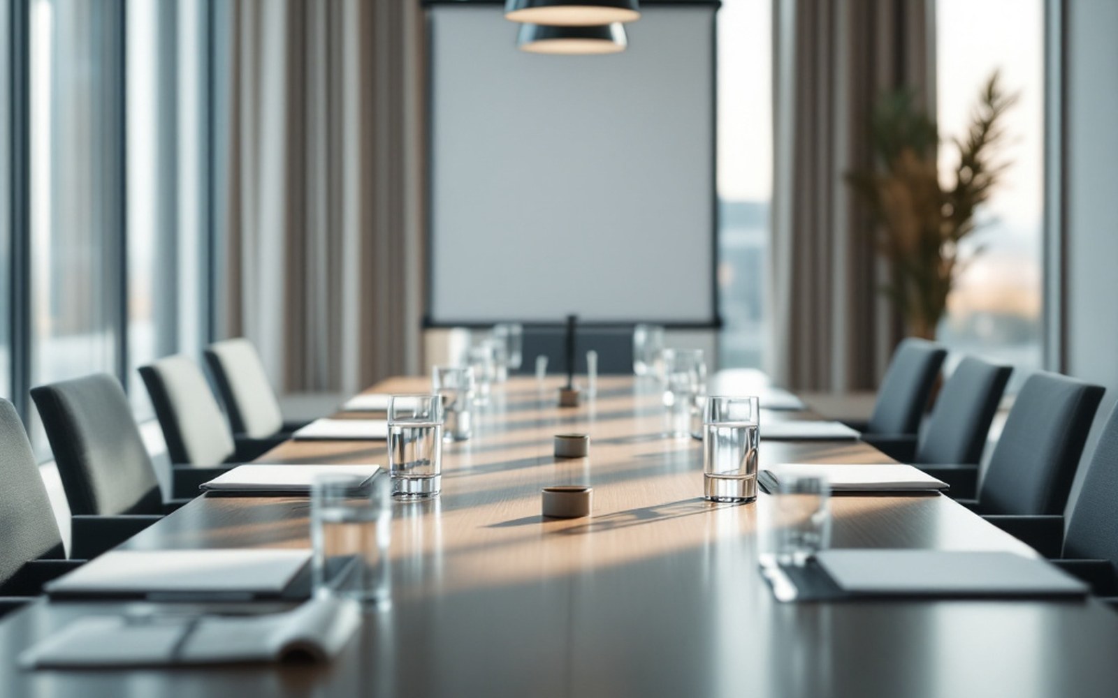 A board table set for a meeting before anyone arrives, folders and water glasses at each place, daylight from tall windows