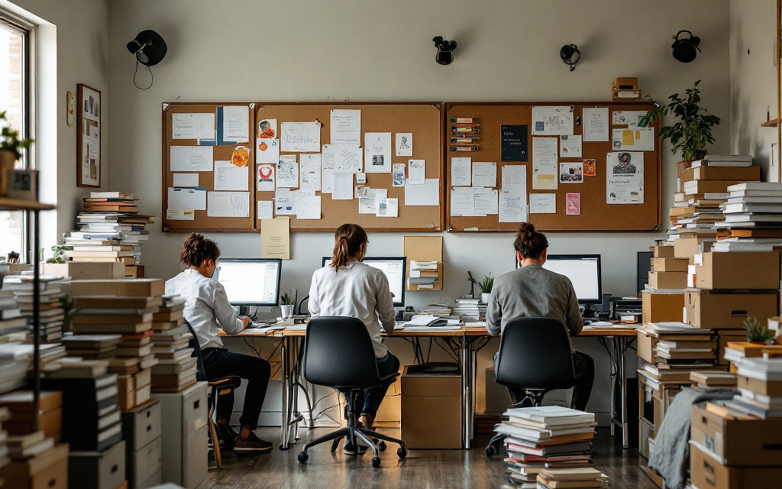 A small nonprofit office with mismatched furniture, a full noticeboard and stacked archive boxes, adults working at desks